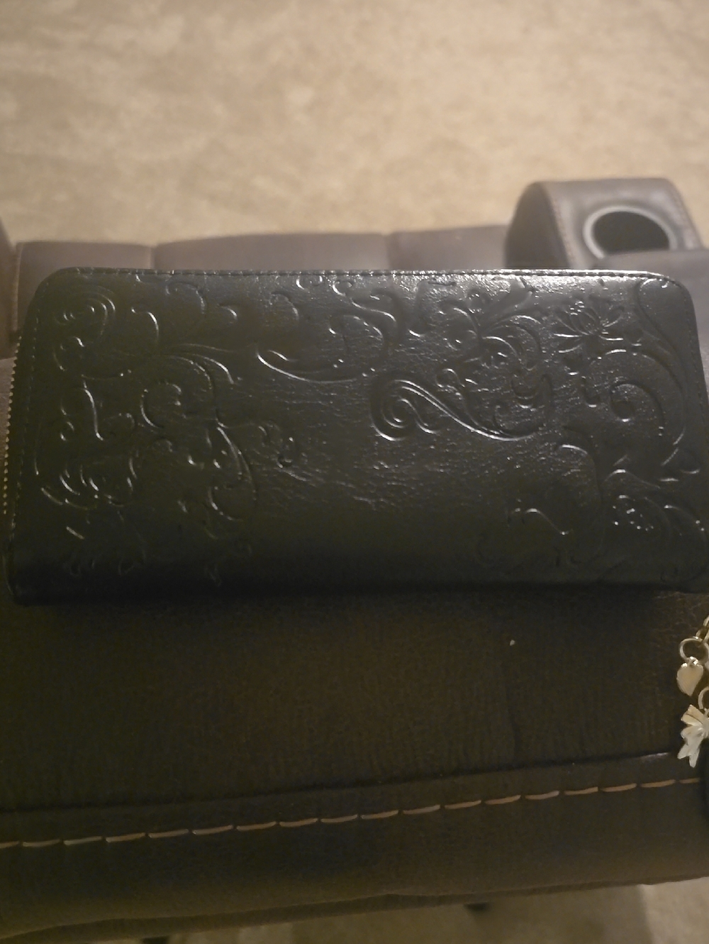 Black Embossed Leather Zip Wallet